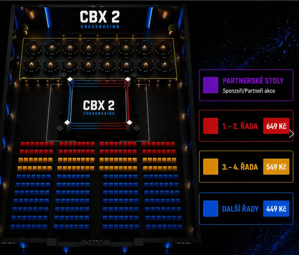 Oficiální plán hlediště CBX 2 s ringem, partnerskými stoly a cenovými kategoriemi vstupenek.